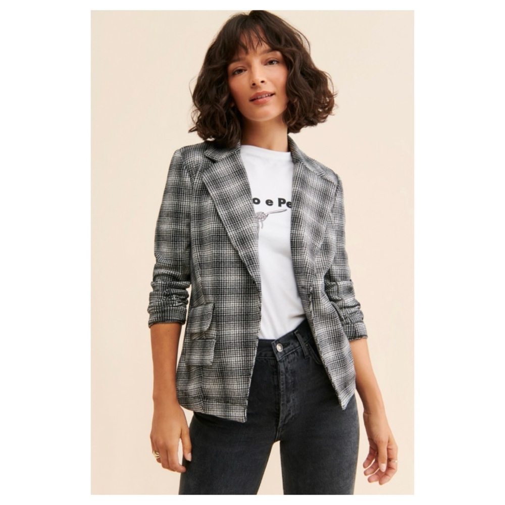 NWOT Anthropologie Maeve Collegiate Knit Plaid Blazer In Black & White   Size XS